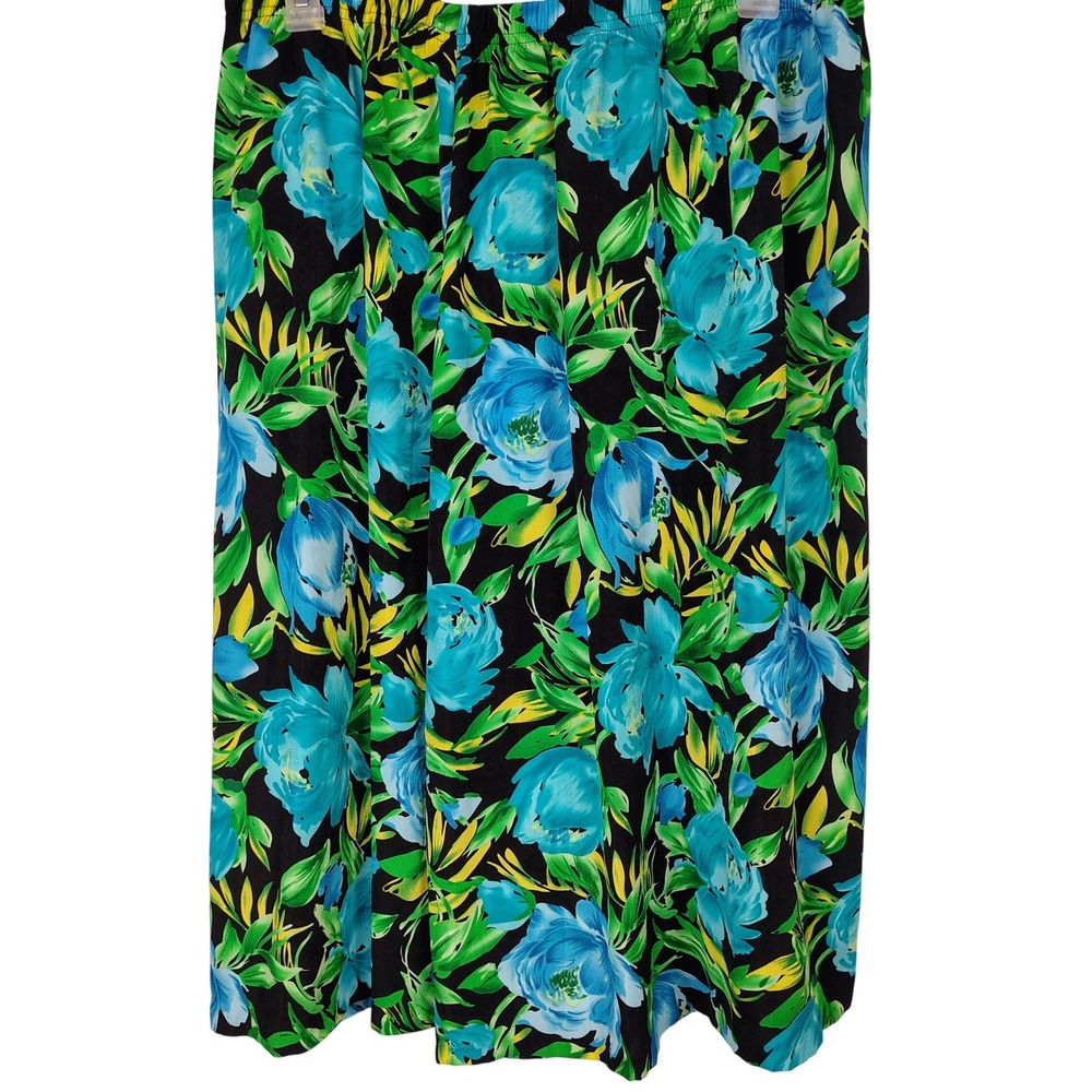 Vintage Tropical Floral Blue Green Midi Skirt Plus Size 1X Elastic Waist